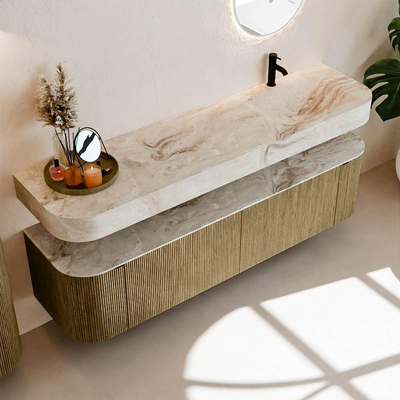 MONDIAZ THOR-DLUX Meuble de salle de bains - 180cm - arrondi gauche + droite - couleur Dusk - 2 tiroirs - 2 portes - Vasque suspendue CLOUD droite 1 trou de robinet - couleur Frappe