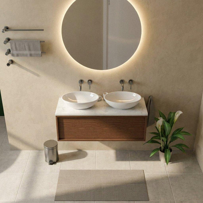 Saniclass Holz Frame Ensemble de meubles de salle de bains - 120x45x43cm - Plan vasque en marbre Dia poli (blanc) - sans trou de robinet - 1 tiroir - walnut pure mat (bois)