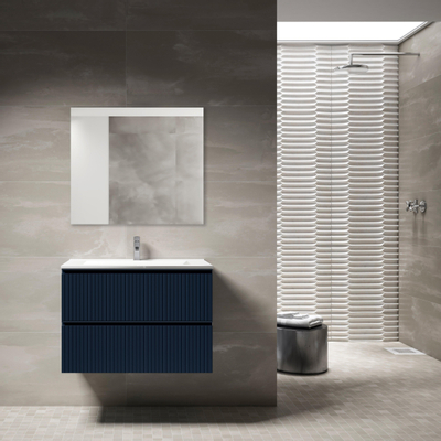 Saniclass Prime Blend Meuble de salle de bain - 80x55x46cm - 1 vasque ovale en céramique blanc - 1 trou de robinet - 2 tiroirs - miroir rectangulaire - mat marine bleu