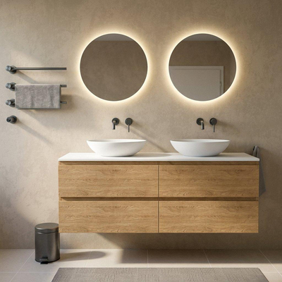 Saniclass Holz Pure Ensemble de meubles de salle de bains - 160x45x62,5cm - plan supérieur Torino en solid surface blanc - sans trou de robinetterie - 4 tiroirs - chêne natural mat (bois)