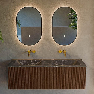 MONDIAZ KURVE-DLUX Meuble de salle de bains 130 cm couleur Walnut avec 2 tiroirs. Vasque LEAF double sans trou de robinet couleur Lava.