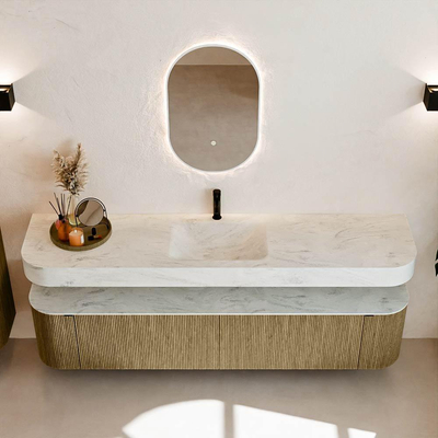 MONDIAZ THOR-DLUX 200cm meuble de salle de bains arrondi gauche + droite couleur Dusk avec 2 tiroirs et 2 portes. Vasque suspendue CLOUD Milieu 1 trou de robinet couleur Opalo.