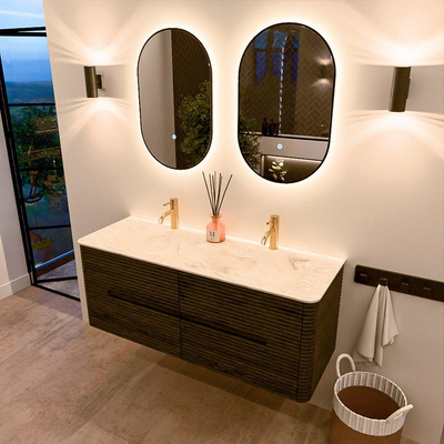 Mondiaz CIRO-DLUX Ensemble de meubles de salle de bains - 130x45x50cm - Plan vasque solid surface Ostra - 2 vasques double - 2 trous de robinetterie - 4 tiroirs - Shadow