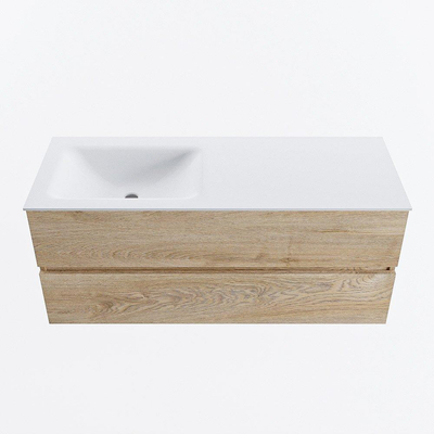 MONDIAZ VICA meuble sous lavabo 120cm Chêne blanchi 2 tiroirs. Lavabo CLOUD gauche 1 trou de robinet, couleur Talc.