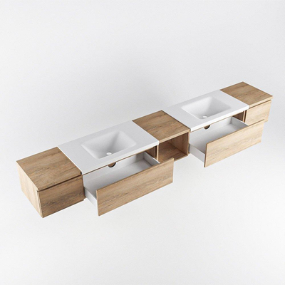 MONDIAZ BUKLA 280cm badmeubel met open module 40 midden kleur Washed Oak met 4 lades. Wastafel CLOUD dubbel 0 kraangaten kleur Talc.