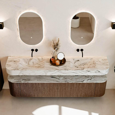 MONDIAZ THOR-DLUX 200cm meuble de salle de bains arrondi gauche + droite couleur Walnut avec 2 tiroirs et 2 portes. Vasque suspendue CLOUD Double sans trou de robinet couleur Glace.