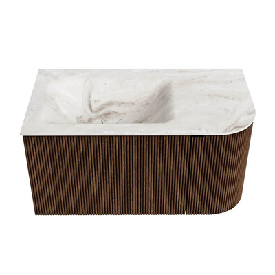 MONDIAZ KURVE-DLUX Meuble de salle de bains 85 cm avec module 25 R couleur Walnut avec 1 tiroir et 1 porte. Lavabo CLOUD gauche sans trou de robinet couleur Frappe.