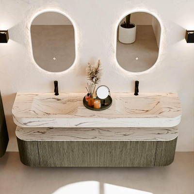 MONDIAZ THOR-DLUX 180cm meuble de salle de bains arrondi gauche + droite couleur Shadow avec 2 tiroirs et 2 portes. Vasque suspendue CLOUD Double 2 trous de robinet couleur Nata.