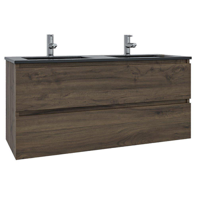 Saniclass Chaci Ensemble meuble de salle de bains - 120x46x55cm - vasque en céramique noire - 2 vasques - 2 trous de robinet - 2 tiroirs - armoire de toilette - Noyer (bois)