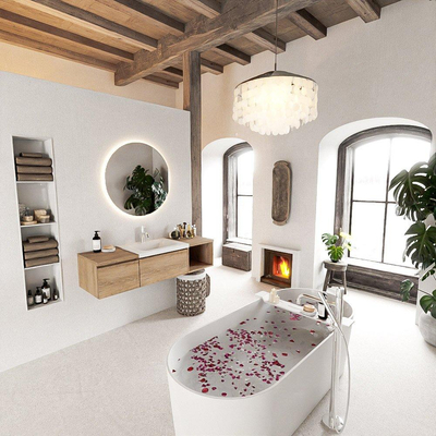 MONDIAZ BUKLA 140cm ensemble de meuble avec module ouvert 40 à droite couleur Chêne blanchi avec 2 tiroirs. Lavabo CLOUD centre 1 trou de robinet couleur Talc.
