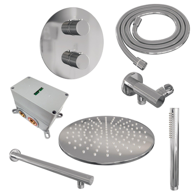 BRAUER Chrome Carving douche de pluie encastrée thermostatique - 3 voies - rond - set 74 - pomme de douche 30cm - bras mural droit - douchette barre - flexible de douche - coude mural - chromé