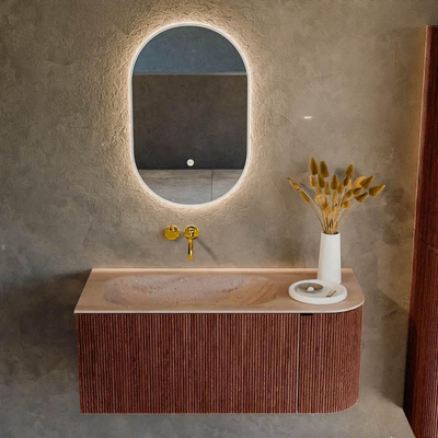 MONDIAZ KURVE-DLUX Meuble de salle de bains 105cm arrondi à droite couleur Ruby avec 1 tiroir et 1 porte. Lavabo BIG SMALL gauche sans trou de robinet Saba.