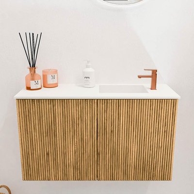 Mondiaz JOYA 70cm toiletmeubel - kleur Oak - Wastafel FAYE positie Rechts 1 kraangat kleur Talc.