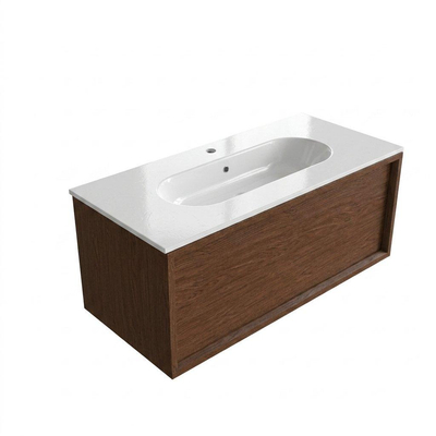 Saniclass Holz Frame Ensemble de meubles de salle de bains - 100x45x53.9cm - Lavabo Chaci en céramique blanc - 1 vasque - 1 trou de robinet - 1 tiroir - walnut pure mat (bois)