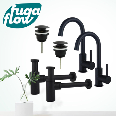 FugaFlow Eccelente Sobrado Badkamer Wastafelkraanset - voor dubbele wastafel - hoge wastafelkraan - draaibare uitloop - klikwaste plug - design sifon - Mat zwart