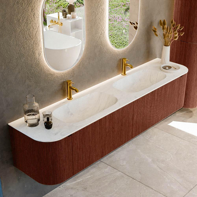 Mondiaz KURVE-DLUX Badkamermeubelset - 200x46x40cm - 2 lade - 2 deuren - wastafel solid surface - dubbel - 2 kraangaten - Ruby