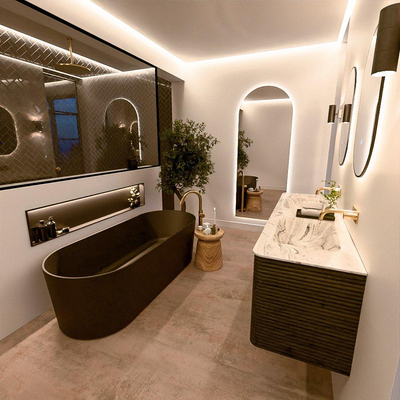Mondiaz CIRO-DLUX Meuble de salle de bains - 160x45x50cm - Plan vasque solid surface Glace - 2 vasques Double - sans trous de robinetterie - 4 tiroirs - Shadow