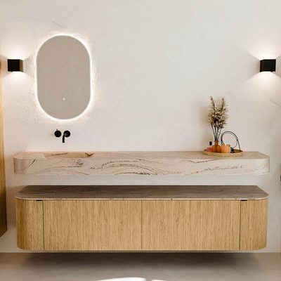 MONDIAZ THOR-DLUX 200cm meuble de salle de bains arrondi gauche + droite couleur Oak avec 2 tiroirs et 2 portes. Vasque suspendue CLOUD gauche sans trou de robinet couleur Arena.