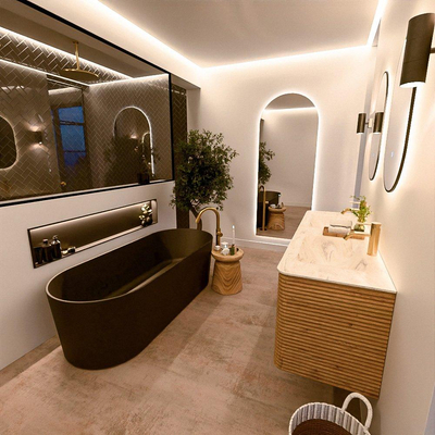 Mondiaz CIRO-DLUX Meuble de salle de bains - 150x45x50cm - Plan vasque solid surface Ostra - 2 bacs Double - 2 trous de robinetterie - 4 tiroirs - Chêne