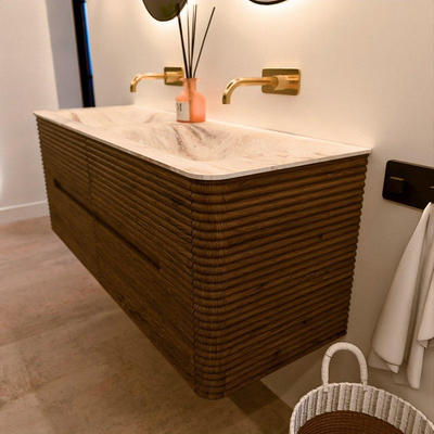 Mondiaz CIRO-DLUX Badkamermeubelset - 130x45x50cm - Solid surface wastafel Frappe - 2 wasbak Dubbel - zonder kraangaten - 4 lades - Dusk