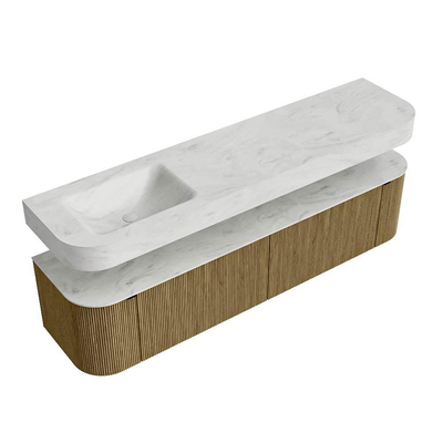 MONDIAZ THOR-DLUX 190cm badmeubel ronding links + rechts kleur Dusk met 2 lades en 2 deuren. Vrijhangende wastafel CLOUD Links 1 kraangat kleur Opalo.