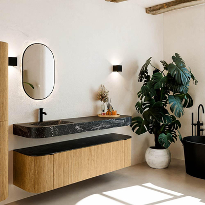 MONDIAZ THOR-DLUX Meuble de salle de bains 170cm arrondi gauche + droite couleur Oak avec 1 tiroir et 2 portes. Vasque suspendue CLOUD Gauche 1 trou de robinet couleur Lava.