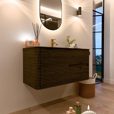 Mondiaz CIRO-DLUX Badkamermeubelset - 100x45x50cm - Solid surface wastafel Lava - 1 wasbak Midden - 1 kraangat - 2 lades - Shadow