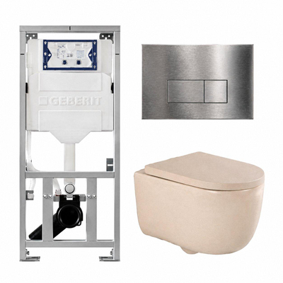 QeramiQ Dely Swirl Ensemble WC- 36.3x51.7cm - Réservoir encastré Geberit UP320 - Abattant de 35mm d'épaisseur - Plaque de commande en inox - Boutons rectangulaires - Beige