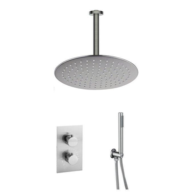 Fortifura Calvi Ensemble de douche pluie encastrable - thermostatique - bras plafond - pommeau 25cm - douchette stick - flexible lisse - Inox brossé