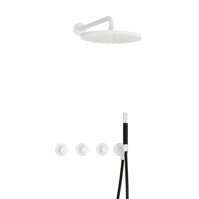 Hotbath Cobber IBS70 Ensemble de douche à effet pluie encastré - bras mural 38,5 cm - tête de douche ronde 30 cm - douchette barre - blanc mat