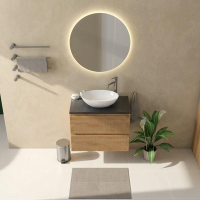 Saniclass Holz Atelier Ensemble meuble de salle de bains - 80x45x63cm - Plan vasque en basalte Noche poli (noir) - 1 trou de robinet - 2 tiroirs - chêne naturel mat (bois)