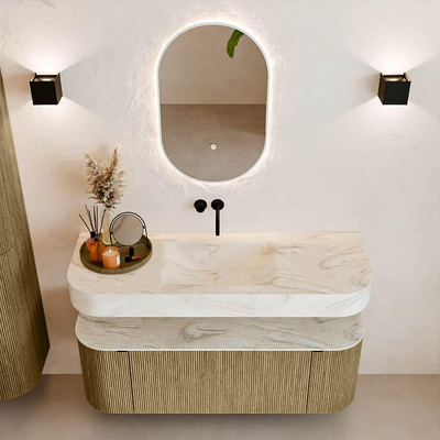 MONDIAZ THOR-DLUX 130cm meuble de salle de bains arrondi gauche + droite couleur Dusk avec 1 tiroir et 2 portes. Vasque suspendue CLOUD Milieu sans trou de robinet couleur Ostra.