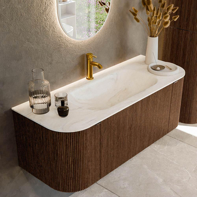 MONDIAZ KURVE-DLUX 120cm badmeubel met module 25 Len R kleur Walnut met 1 lade en 2 deuren. Wastafel BIG SMALL midden 1 kraangat kleur Ostra.