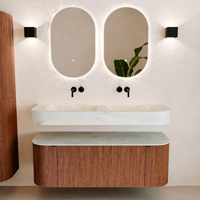 MONDIAZ THOR-DLUX 130cm meuble de salle de bains arrondi gauche + droite couleur Ruby avec 1 tiroir et 2 portes. Vasque suspendue CLOUD Double sans trou de robinet couleur Opalo.