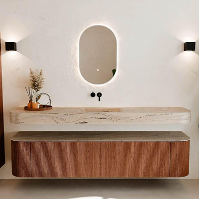 MONDIAZ THOR-DLUX 200cm meuble de salle de bains arrondi gauche + droite couleur Ruby avec 2 tiroirs et 2 portes. Vasque suspendue CLOUD Milieu sans trou de robinet couleur Arena.