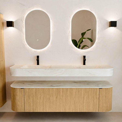 MONDIAZ THOR-DLUX Meuble de salle de bains - 170cm - arrondi gauche + droite - couleur Oak - 1 tiroir - 2 portes - Vasque suspendue CLOUD Double 2 trous de robinet - couleur Ostra