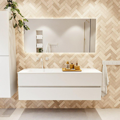 MONDIAZ VICA meuble sous lavabo 150cm Talc 2 tiroirs. Lavabo CLOUD gauche 1 trou de robinet, couleur Talc.