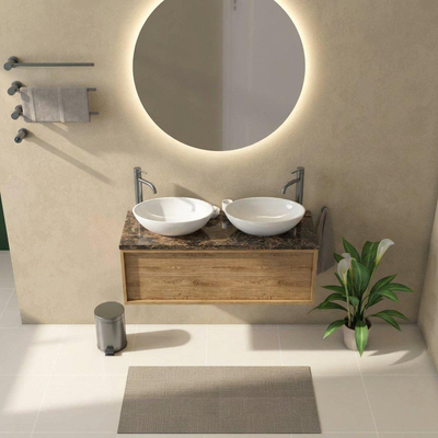 Saniclass Holz Frame Ensemble de meuble de salle de bains - 120x45x43cm - Plan de travail en pierre naturelle Noche dark emperador - 2 trous de robinet - 1 tiroir - chêne natural mat (bois)