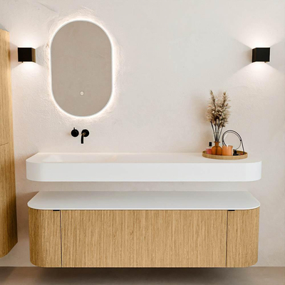 MONDIAZ THOR 160cm meuble de salle de bains arrondi gauche + droite couleur Oak avec 1 tiroir et 2 portes. Vasque suspendue CLOUD gauche sans trou de robinet couleur Talc.