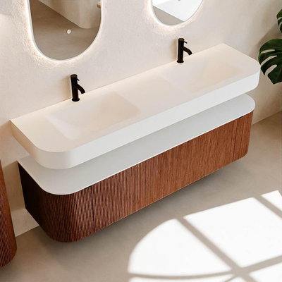 MONDIAZ THOR Meuble de salle de bains 170cm arrondi gauche + droite couleur Ruby avec 1 tiroir et 2 portes. Vasque suspendue CLOUD Double 2 trous de robinet couleur Talc.