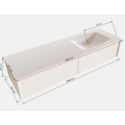 ENSEMBLE DE MEUBLE MONDIAZ LUSH - 180 cm - 2 tiroirs - lavabo cloud - lavabo à droite - 0 trous de robinet - chêne blanchi