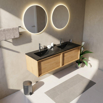 Saniclass Holz Frame Ensemble meuble de salle de bains - 140x45x42cm - lavabo Vygo en céramique noir - 2 vasques - 2 trous de robinetterie - 2 tiroirs - chêne natural mat (bois)
