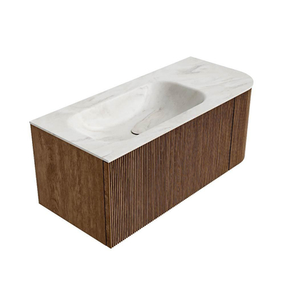 MONDIAZ KURVE-DLUX 105cm Meuble salle de bain avec module 25 D - couleur Walnut - 1 tiroir - 1 porte - vasque BIG SMALL gauche - sans trou de robinet - couleur Ostra