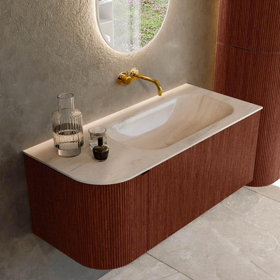 MONDIAZ KURVE-DLUX Meuble de salle de bains 105cm arrondi à gauche couleur Ruby avec 1 tiroir et 1 porte. Lavabo BIG SMALL à droite sans trou de robinet Meli.
