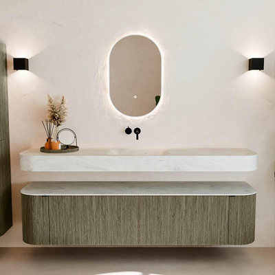 MONDIAZ THOR-DLUX Meuble de salle de bains 190cm arrondi gauche + droite couleur Shadow avec 2 tiroirs et 2 portes. Vasque suspendue CLOUD Centre sans trou de robinet couleur Opalo.