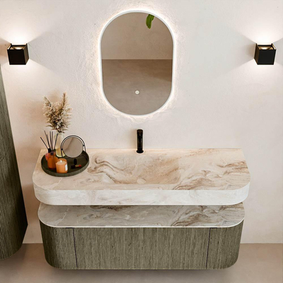 MONDIAZ THOR-DLUX 140cm meuble de salle de bains arrondi gauche + droite couleur Shadow avec 1 tiroir et 2 portes. Vasque suspendue CLOUD Milieu 1 trou de robinet couleur Frappe.