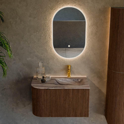 MONDIAZ KURVE-DLUX 75cm badmeubel ronding Links kleur Walnut met 1 lade en 1 deur. Wastafel GRUNNE Rechts 1 kraangat Sombra.