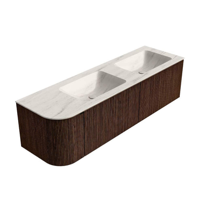 MONDIAZ KURVE-DLUX 155cm badmeubel ronding Links kleur Walnut met 2 lades en 1 deur. Wastafel LEAF Dubbel / Rechts 2 kraangaten Meli.