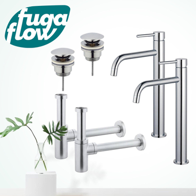 FugaFlow Eccelente Sobrado Slim Kit robinet lavabo - pour double vasque - robinet rehaussé - bonde clic clac - siphon design - Chrome brillant