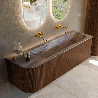 MONDIAZ KURVE-DLUX 145cm badmeubel ronding Links kleur Walnut met 1 lade en 1 deur. Wastafel BIG LARGE Rechts zonder kraangat Oza.